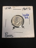 1964-D United States Roosevelt Silver Dime - 90% Silver Coin Double Die MS 60 - Graded by Consignor