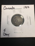 1903 Canada 5 Cent Silver Foreign Coin - .0346 ASW - AU (22 Leaves) - Graded by Consignor