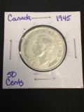 1945 Canada 50 Cent Silver Half Dollar Foreign Coin - .3000 ASW - XF-28 - Graded By Consignor
