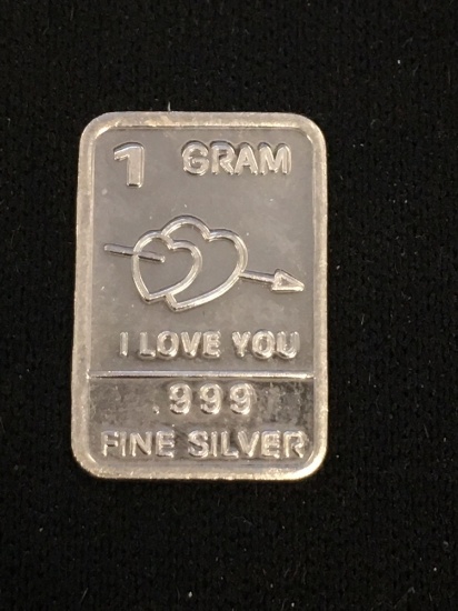 1 Gram .999 Fine Silver Cupid Heart Bullion Bar