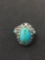 Thai Designed Oval 18x10 Turquoise Inlaid Cabochon Vintage Sterling Silver Ring Band - Size 6