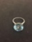 Round Faceted 13 mm Blue Topaz Sterling Silver Solitaire Ring Band - Size 6