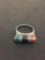 Garnet, Onyx & Emerald Cabochon Inlaid Sterling Silver Ring Band - Size 8