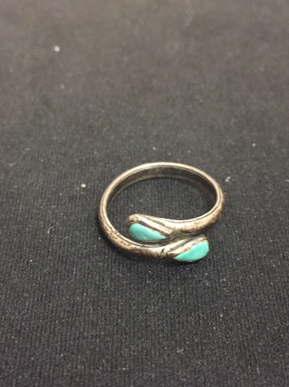 Petite Pear Turquoise Inlaid Sterling Silver Bypass Ring Band - Size 5