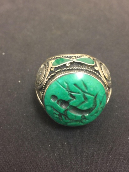 Round 25 mm Carved Malachite Inlaid Large Sterling Silver Ring Band - Size 9 - 30 Grams