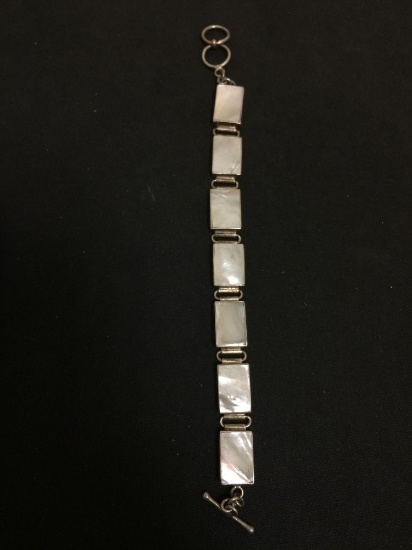 Mother of Pearl Inlaid 12 mm Wide Sterling Silver 8" Link Bracelet - 24 Grams