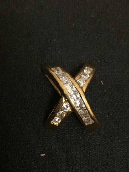 Round & Princess Cut Channel Set Rhinestone Gold-Tone "X" Designed Sterling Silver Pendant