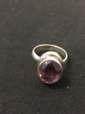 Oval Faceted 13x11 Bezel Set Amethyst Rustic Sterling Silver Ring Band - Size 6