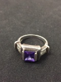 Princess Cut 7x7 Channel Set Amethyst Sterling Silver Ring Band - Size 6.5
