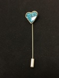 Heart Styled Broken Edge Turquoise Inlaid Sterling Silver Hat Pin