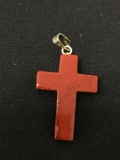 Red Earth Gemstone Carved Cross Pendant w/ Sterling Silver Bale