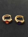 Checkerboard Faceted Amethyst & Citrine Gold-Tone Pair of Sterling Silver Huggie Earrings