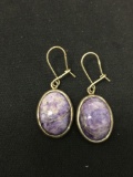 Oval Purple Charoite Inlaid Pair of Sterling Silver Dangle Earrings