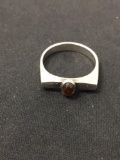 Rustic Oval Amber Cabochon Inlaid Sterling Silver Ring Band - Size 8