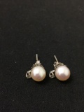 Round 8 mm Pearl & Rhinestone Accented Sterling Silver Pair of Stud Earrings