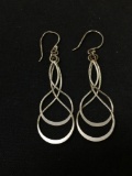 Handmade Elongated Braided Hoop Pair of Sterling Silver Dangle Earrings