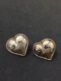 Engraved Milgrain Accented Pair of Sterling Silver Puffy Heart Stud Earrings