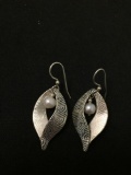 Engraved Leaf Designed Pearl Accented Pair of Sterling Silver Dangle Earrings