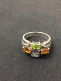 Horizontal Set Oval Faceted Multi-Colored Gemstone Sterling Silver Mother's Ring Band - Size