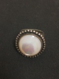 Thai Designed Oval 20x17 Mother of Pearl Inlaid Vintage Sterling Silver Ring Band - Size 7