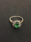 Oval Faceted 8x6 Green Topaz & Rhinestone Halo Sterling Silver Ring Band - Size 7