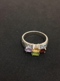 Thai Designed Horizontal Set Multi-Colored Oval Faceted Gemstone Sterling Silver Ring Band - Size 8