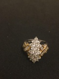 PAJ Designed Marquise Shaped Rhinestone Cluster & Baguette Accented Sterling Silver Ring Band - Size