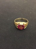 Oval Faceted Ruby with Masonic Symbol Carving 14 Karat Yellow Gold Ring Band - Size 11 - 6 Grams