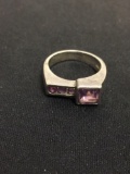 Square Step Cut & Round Faceted Amethyst Modern Sterling Silver Ring Band - Size 5