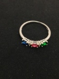 Oval Faceted Three Multi-Colored Gemstone Sterling Silver Mother's Ring Band - Size