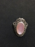 Oval 15x10 Pink Mother of Pearl Inlaid Vintage Sterling Silver Ring Band - Size 8