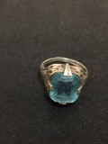 Cushion Faceted 12x10 Blue Topaz Vintage Sterling Silver Ring Band - Size 6.5