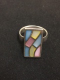 Modern Designed Multi-Colored Mother of Pearl Inlaid Sterling Silver Ring Band - Size 7