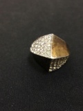 Rhinestone Studded Pyramid Styled Modern Gold-Tone Sterling Silver Ring Band - Size 7
