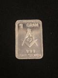 1 Gram .999 Fine Silver Masonic Logo Silver Bullion Bar