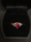 Heart Faceted 7x7 Ruby w/ Rhinestone Halo Sterling Silver Ring Band - Size 4