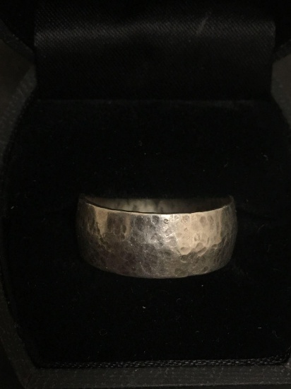 Hammered Finish 9 mm Wide Sterling Silver Ring Band - Size 10.5