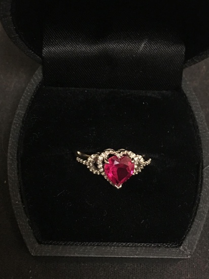 Heart Faceted 7x7 Ruby w/ Rhinestone Halo Sterling Silver Ring Band - Size 4