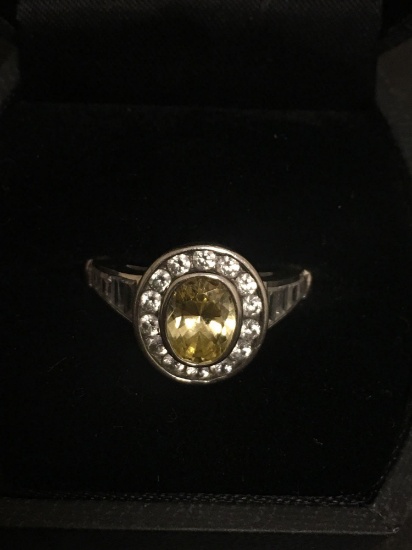 Oval Faceted 8x6 Bezel Set Yellow Topaz w/ Rhinestone Halo & Tapered Baguette Accents Sterling