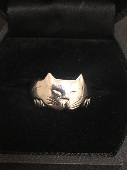 Cute Feline Styled Sterling Silver Ring Band - Size 5.5
