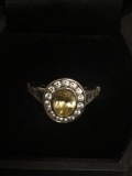 Oval Faceted 8x6 Bezel Set Yellow Topaz w/ Rhinestone Halo & Tapered Baguette Accents Sterling