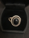 Vintage Rope Framed 12x9 Oval Onyx Cabochon Sterling Silver Ring Band - Size 10.5