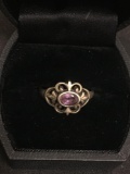 Fleur De Lis Styled Horizontal Set Oval Faceted 6x4 Amethyst Sterling Silver Ring Band - Size 7