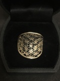 Concave Dharmic Flower of Life Designed Sterling Silver Ring Band - Size 7