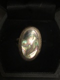 Old Pawn Mexico 18 x 11 Oval Abalone Inlaid Sterling Silver Ring Band - Size 6.5