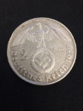 1937-D Nazi Germany 2 Mark Swastika 63.5% Silver Coin - .1607 ASW