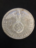 1938-A Nazi Germany 5 Mark Swastika 90% Silver Coin - .4019 ASW