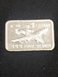 1 Gram .999 Fine Silver A-10 Fighter Jet Bullion Bar
