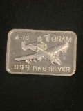 1 Gram .999 Fine Silver A-10 Fighter Jet Bullion Bar