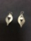 Engraved Leaf Designed Pearl Accented Pair of Sterling Silver Dangle Earrings